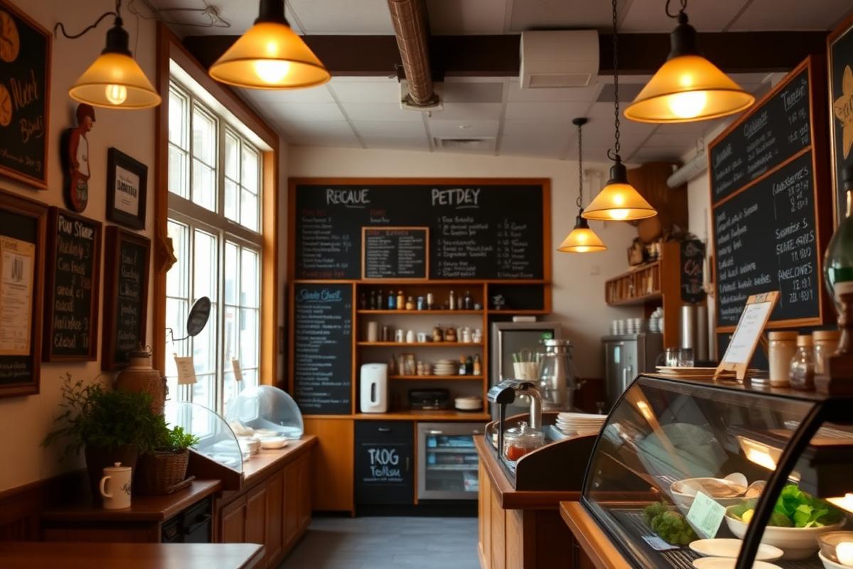 Inside Celery Stalk: chalkboard menus, warm lighting, deli counter